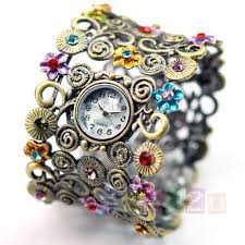 Lady Flower Vintage Bronze Multicolour Crystal Bangle Watch